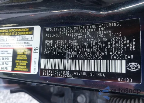 2012 Toyota Camry Le from USA, damaged, VIN 4T4BF1FK9CR266766